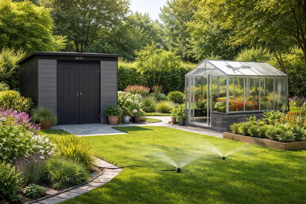 Aménager son jardin avec abri Keter, serre Embase et système arrosage automatique Gardena